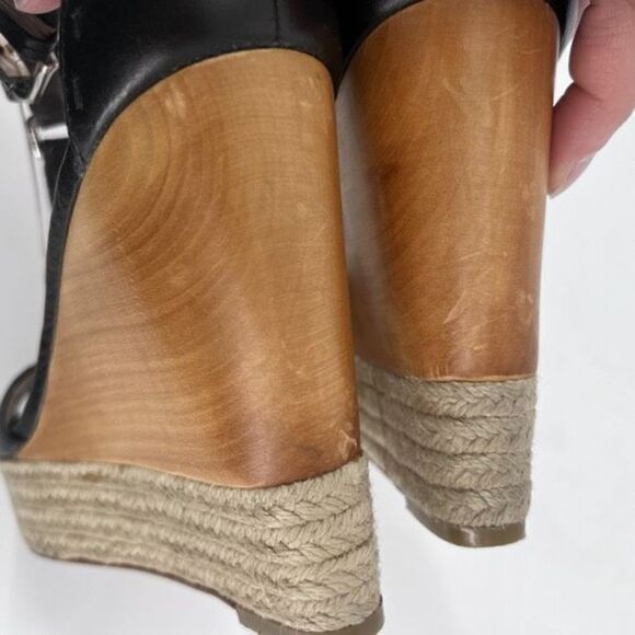 Coach Gala Black Leather Wedges Espadrille Wood Size 10 Peep toe T Strap Sandals - Picture 12 of 12